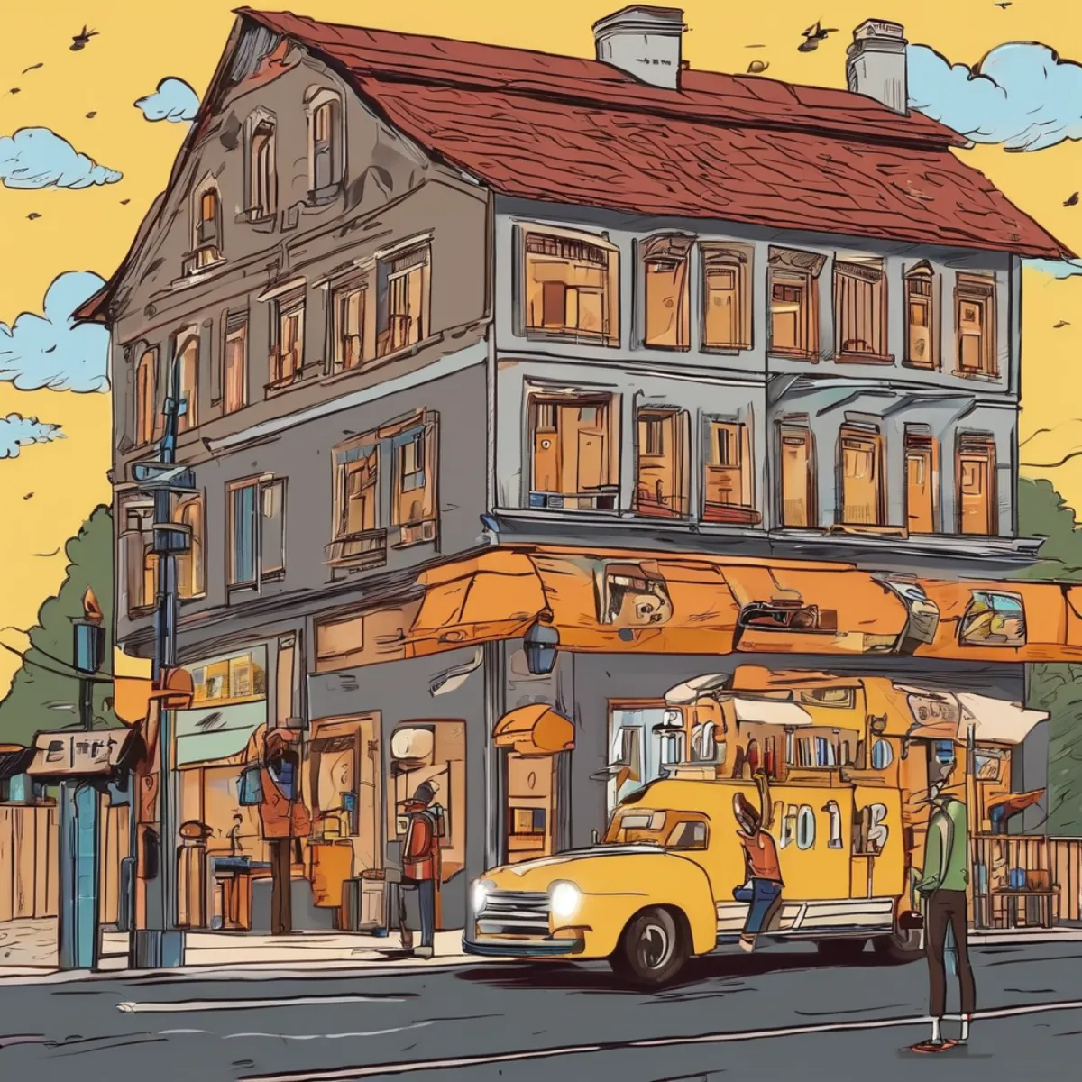 Vintage European street scene in comic book style