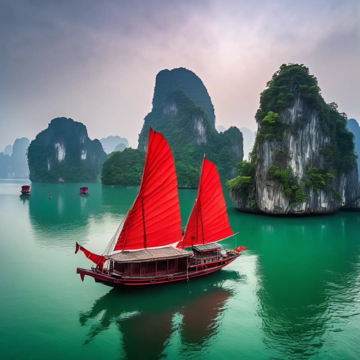 Ha Long Bay with red sail boats at dawn