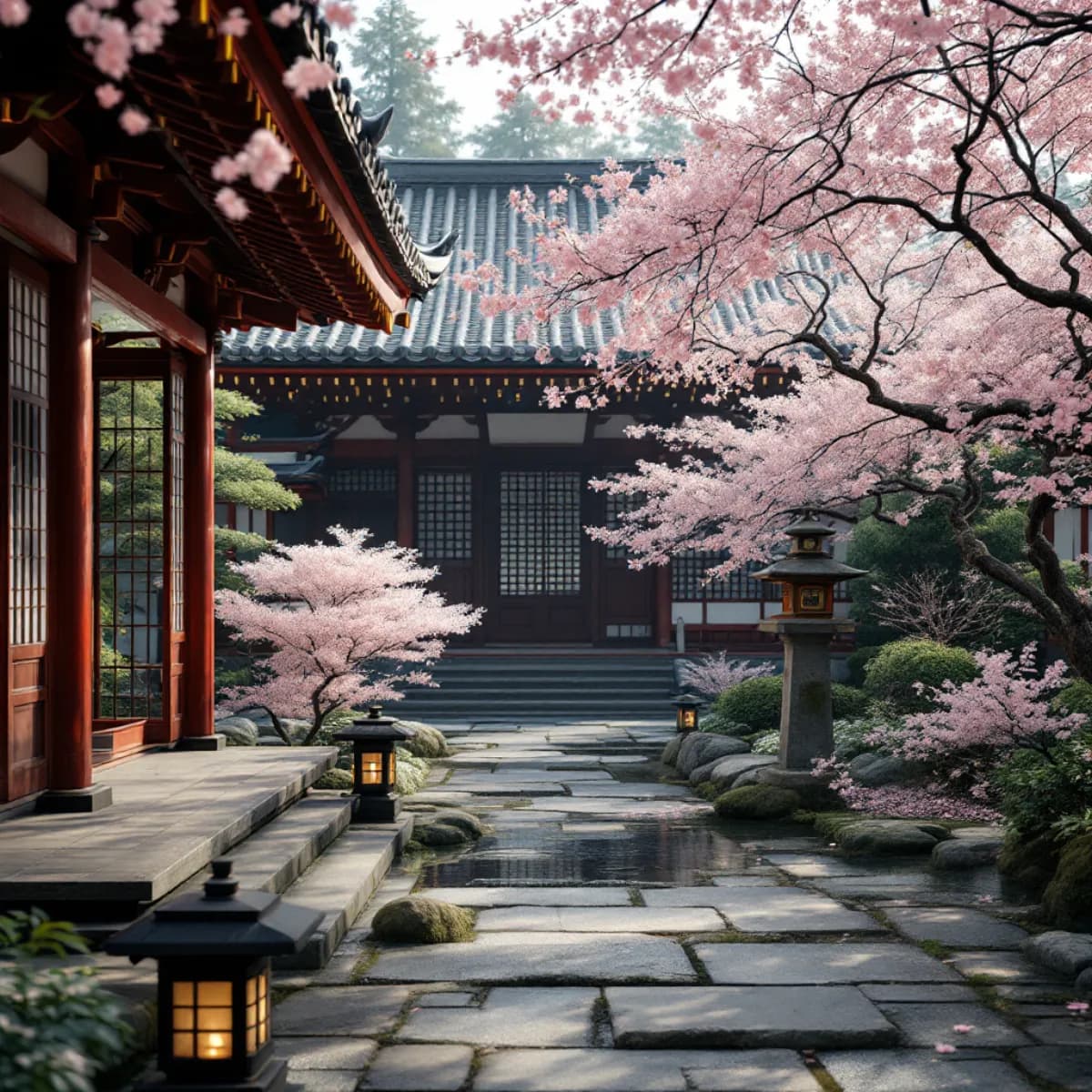 AI-generated Japanese temple with cherry blossoms